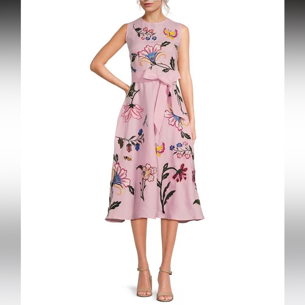 Fanm Mon Pink Floral Embroidered Linen Sleeveless Belted Midi Dress size XL
